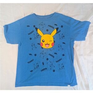 Pokemon Pikachu Shirt Winking Graphic Tee Blue Mens S Youth XL All Over Print